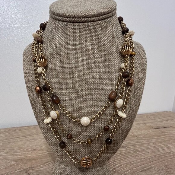 MONET triple strand goldtone necklace with brown & cream beads - Picture 1 of 6
